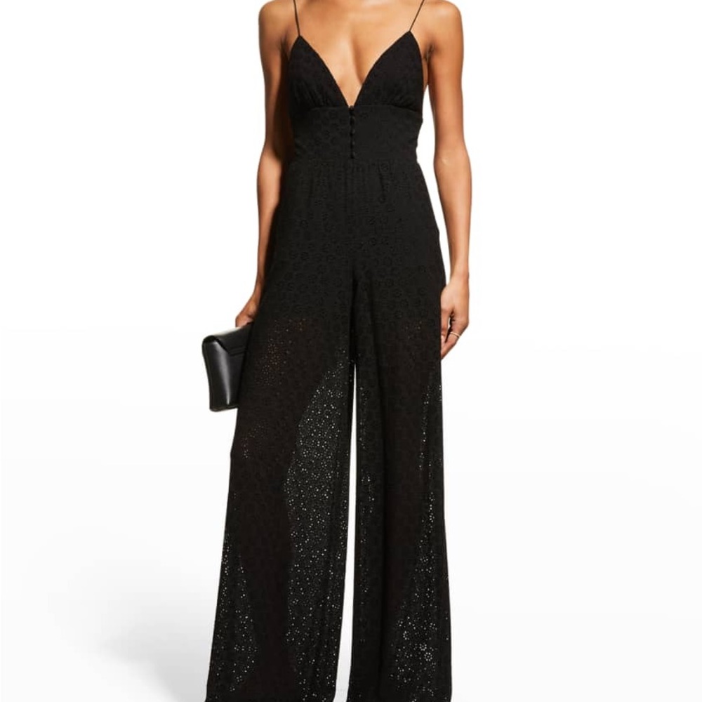 Alice + Olivia "Tilly"  eyelet wide-leg jumpsuit with button-front detailing